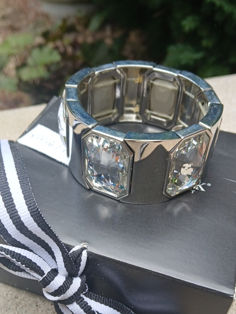 White House Black Market wide silver cuff bracelet& emerald Cut Glass Crystals